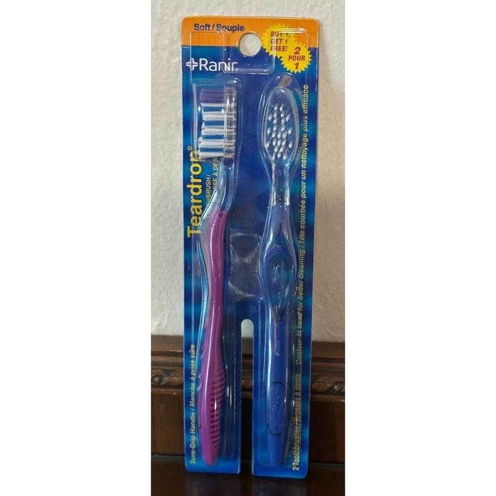 NOS Ranir Toothbrushes Teardrop Sure Grip Handle Soft Bristle Purple & Blue